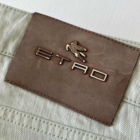 Etro Cotton Mint Branded Leather Straight Leg Denim Jeans - Picture 14 of 14